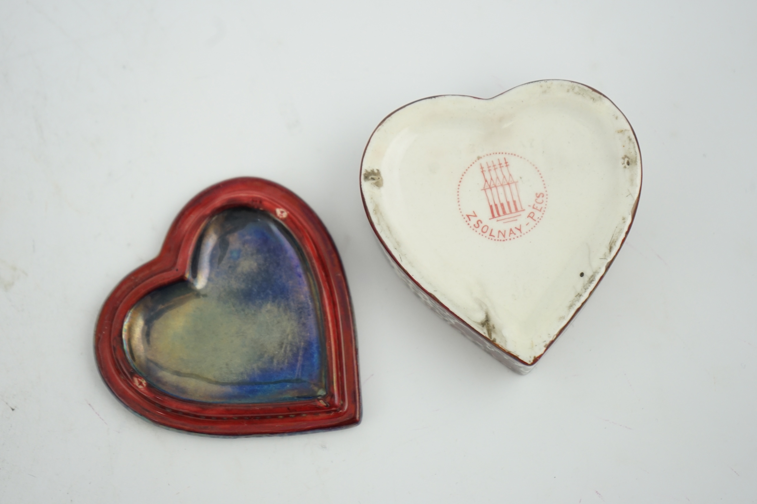 An early Zsolnay flambé lustre heart shaped box and cover, late 19th century